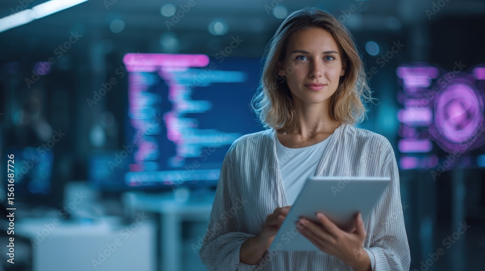 Poster Businesswoman Developer Programmer Analyzing Software Code in Modern Tech Office.