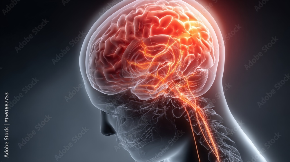 Poster detailed digital illustration of human brain with neural network and glowing inner structures.