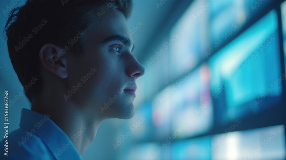 Poster Young man analyzing data on digital screens with focused expression in modern tech environment.