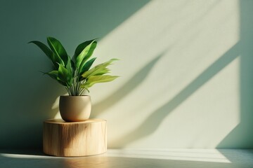 Natural wood podium and green houseplant, minimalist scene with looping shadows