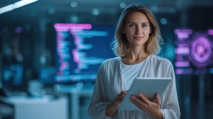 Businesswoman Developer Programmer Analyzing Software Code in Modern Tech Office.