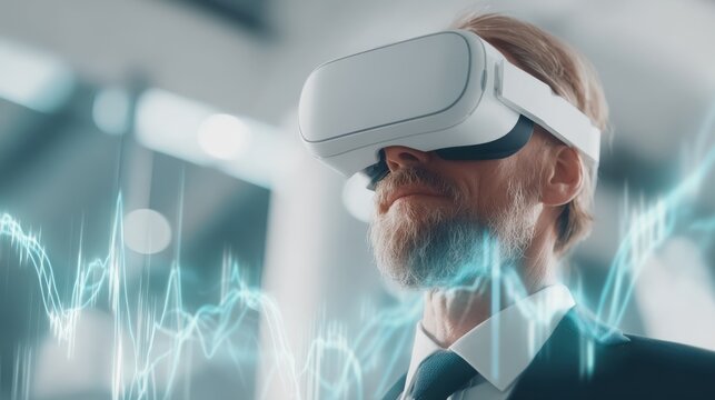 Man with long beard wearing virtual reality headset in modern technological environment.