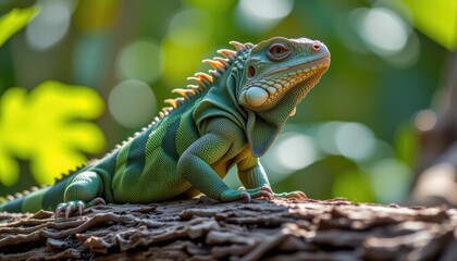 Fototapeta premium Lizard perched on a log with a blurred green background.