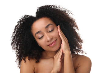 Portrait of beautiful Brazilian woman after spa treatment on white background
