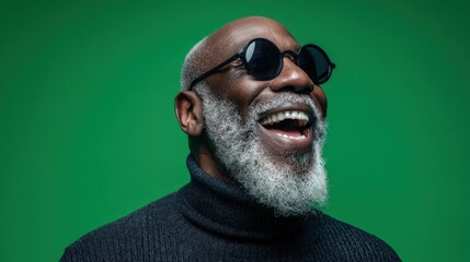 Obraz premium Close-up of joyful happy middle aged man laughing wearing sunglasses against green background.