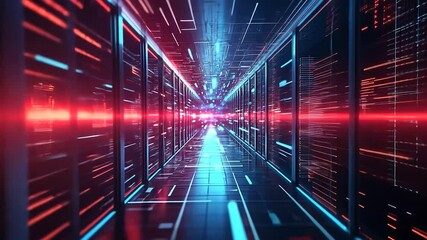 Futuristic server room hallway with digital data streams - Powered by Adobe