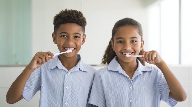 Happy diverse schoolchildren brushing teeth together indoors healthy hygiene concept.