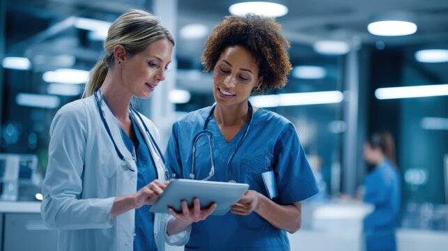 Diverse female healthcare professionals discussing patient data in modern hospital setting.