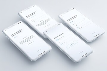 Four white smartphones displaying app interfaces, showcasing various screens in a registration/login flow.  Clean, minimalist design with light text and input fields