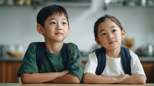 Two Asian schoolchildren with backpacks sitting at desk in classroom looking thoughtful. - Powered by Adobe