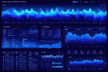 Data visualization dashboard with multiple charts and graphs.  Dark blue color scheme.  Complex financial data display