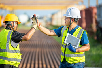 Asian Engineers Celebrate Success: Teamwork with High Five at Railway Construction Site Two Workers High Five on Industrial Train Tracks Blue Collar Teamwork: Confident Engineers at Railroad Depot