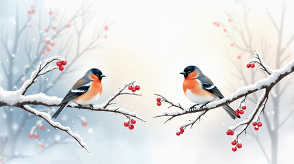 Watercolor illustration of charming bullfinches perched on snowy branches adorned with winter berries. Cozy seasonal artwork perfect for holiday cards, prints, and winter decor.