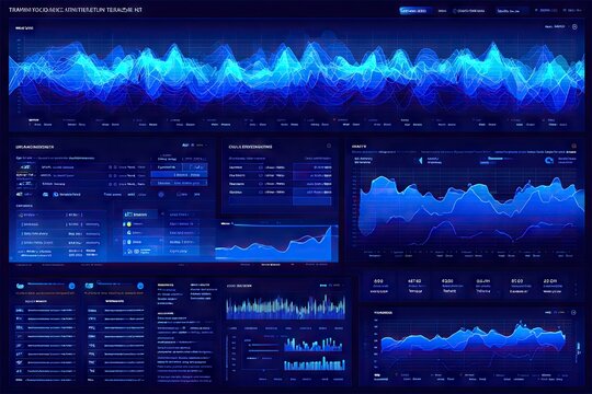 Data visualization dashboard with multiple charts and graphs. Dark blue color scheme. Complex financial data display