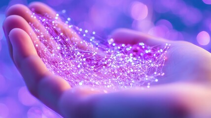 An open human hand holding a glowing network of floating data nodes against a light blue and violet gradient background. Data scientist