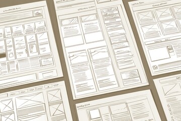 Multiple website wireframes, light beige background