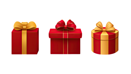 Three red gift boxes with gold ribbons and bows