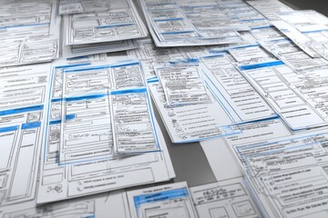 Stacked documents, forms, and blueprints.  Many sheets of paper, various sizes,  overlap.  Light gray/white background.  Blue lines and markings.  Organized chaos