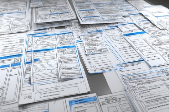 Stacked documents, forms, and blueprints.  Many sheets of paper, various sizes,  overlap.  Light gray/white background.  Blue lines and markings.  Organized chaos
