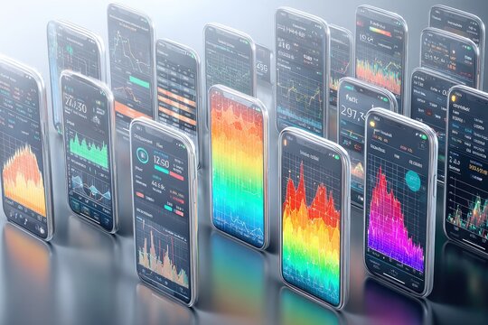 Multiple smartphones displaying financial data, charts, and graphs, various colors, glossy transparent screens, modern design - Powered by Adobe
