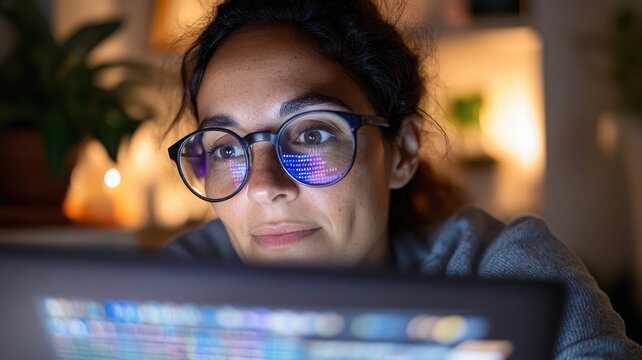 Female programmer studying python code with reflection in glasses in home office. Data scientist