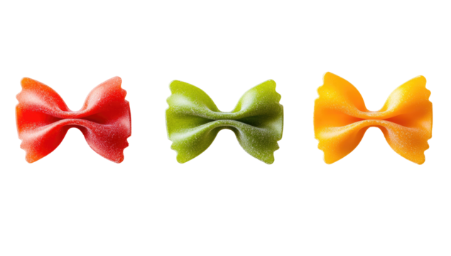 Row of three bow-tie pasta shapes in red, green, and yellow