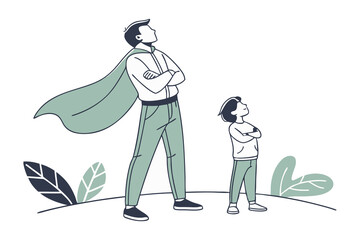 Father-Son Superheroes: A symbolic illustration of a father and son standing side-by-side, exuding confidence and strength. The father, donned in a cape, serves as a role model.