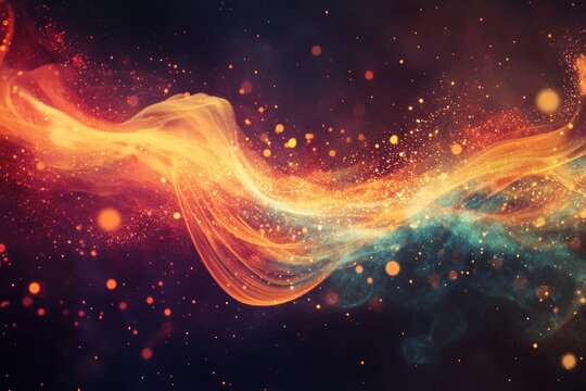 Multi-hued abstract flame imploding and radiating particles in digital style
