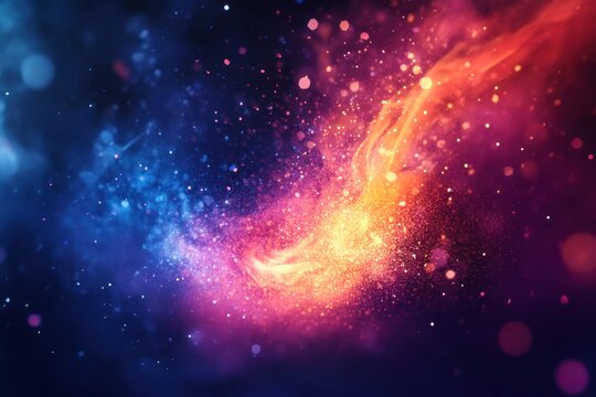 Multi-hued abstract flame imploding and radiating particles in digital style