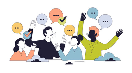 Open communication is shown by diverse people exchanging ideas, speech bubbles, and check marks, symbolizing active dialogue. Doodle style