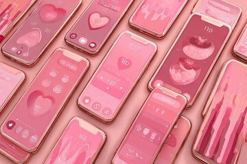 Many rose-gold smartphones, displaying various pink-toned app interfaces