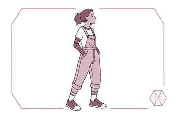 Girl with Overall Illustration: An illustrated portrayal of a girl in casual overalls, exuding confidence with her hands in her pockets and a contemplative gaze, against a soft backdrop.