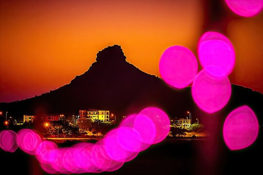 Silhouetted mountain at sunset, vibrant pink bokeh