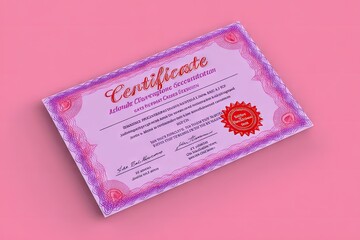 Pink and purple certificate angled on a pink background.  Formal document with embossed text and seal