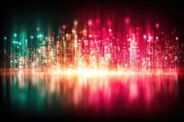 Digital city skyline, vibrant lights, reflected