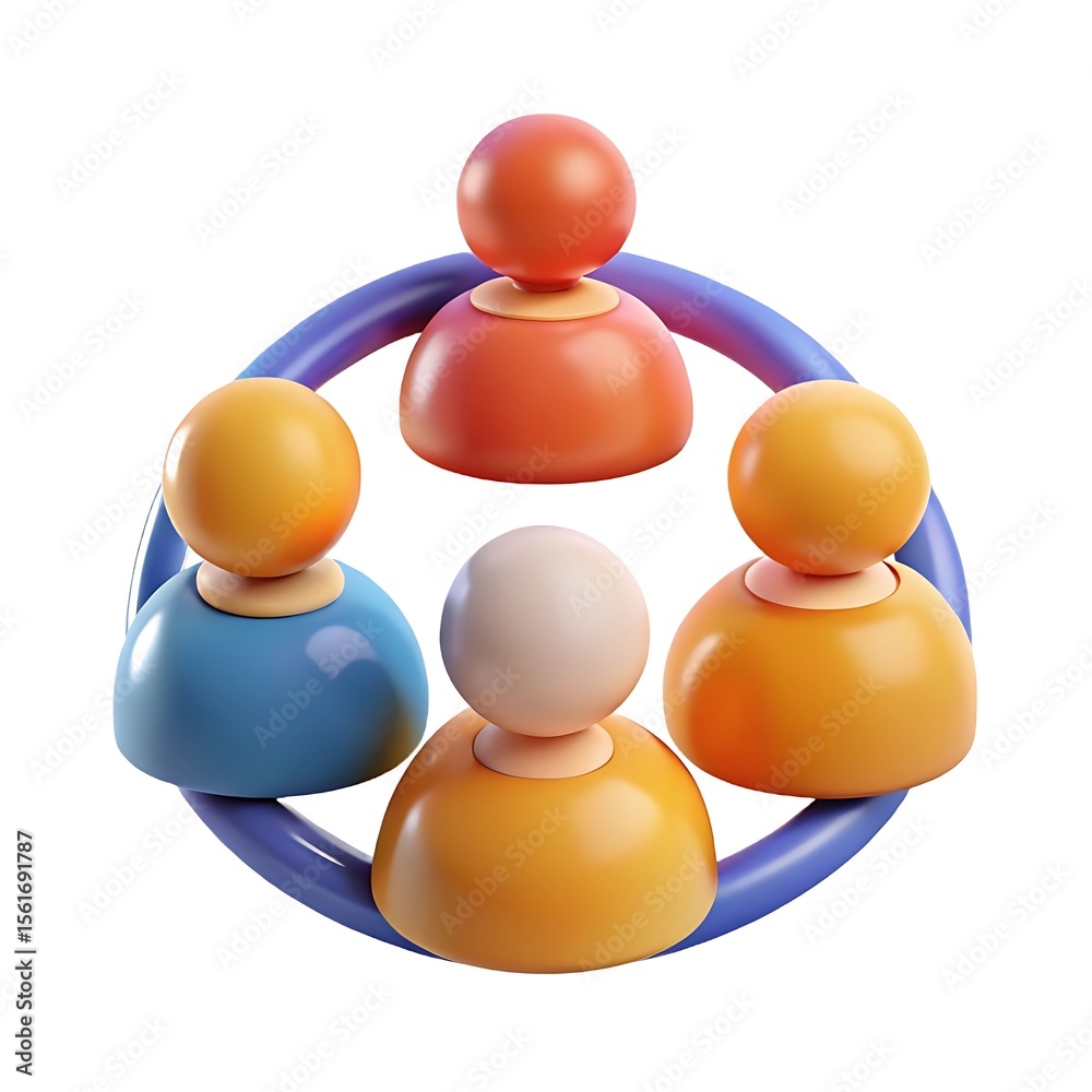Fototapete abstract 3d rendering of a diverse group of five stylized people icons connected in a circle isolate