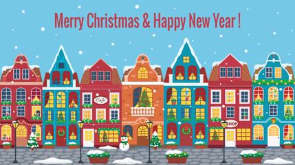 Vector illustration of european winter town. Flat design. Old houses.