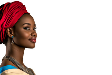 African Woman with Red Headwrap Looking Right, Cut Out Transparent