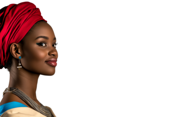 African Woman with Red Headwrap Looking Right, Cut Out Transparent