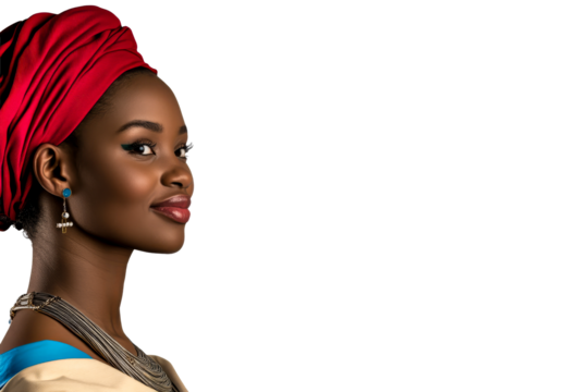 African Woman with Red Headwrap Looking Right, Cut Out Transparent