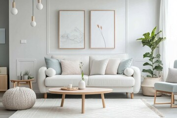 Modern Nordic home interior, minimalist decor and white sofa with pastel accents