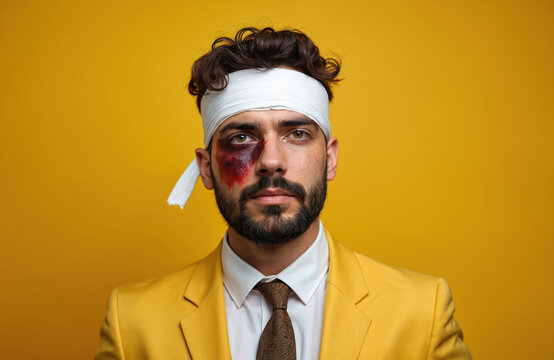 Injured man with a bandage, a bruise on his face and a yellow jacket. He looks directly at camera. Subject symbolizes domestic violence crime, assault, social issues.