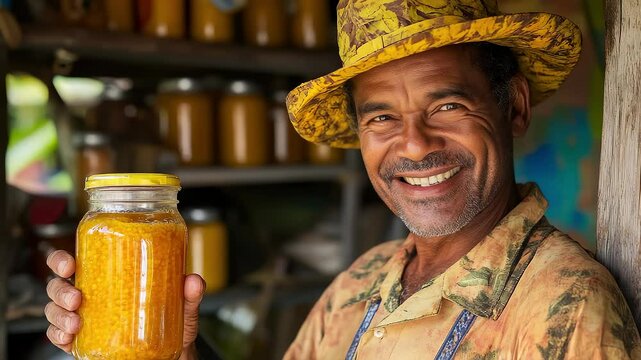 Authentic Farmer Smilingly Displays Jar of Natural Food