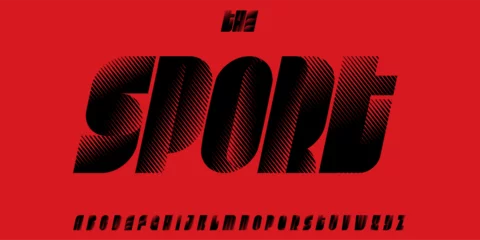 Fototapeten Tall racing font, bold tilted alphabet, heavy halftone letters, cyber esport typeface for fast sport logo, game poster headline, modern typography, unusual typographic design. Vector typeset. © artyway