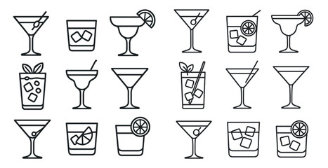 Set of 12 different types of drinks, including martinis, margaritas, and mojitos