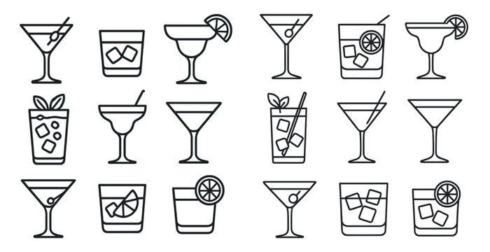 Set of 12 different types of drinks, including martinis, margaritas, and mojitos - Powered by Adobe