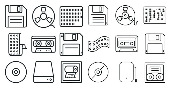 Collection of icons for various types of media storage devices, including floppy disks, CDs, and DVDs
