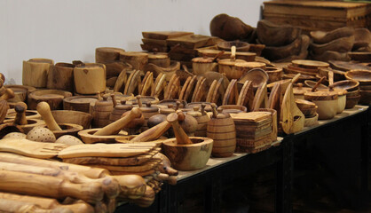 A Collection of Wooden Items on a Craft Market Stall.
