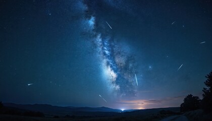 Night sky with meteor shower, bright milky way galaxy. Celestial cosmic illustration, shooting stars over dark nature landscape. Dark blue space background with trails of light, fast meteor speed,