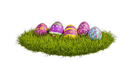 Dyed colorful easter eggs on grassy patch, cut out transparent
